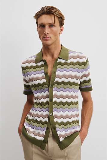 Cotton Silk Multi Stripe Knit Shirt