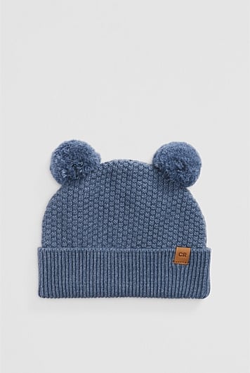 Organically Grown Cotton Blend Pom Ears Knit Beanie