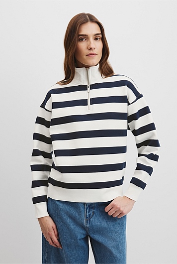 Cotton Stripe Logo Neck Zip Sweat