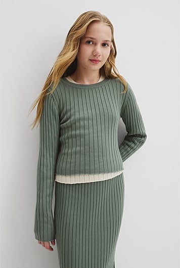 Teen Cotton Rib Knit Long Sleeve Top
