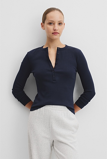 Australian Cotton Blend Rib Henley Top