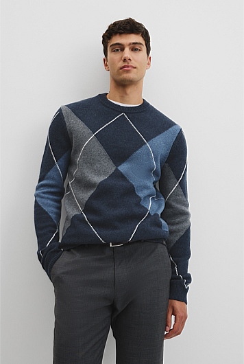 Merino Wool Argyle Crew Neck Knit