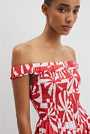 Print Shirred Midi Dress