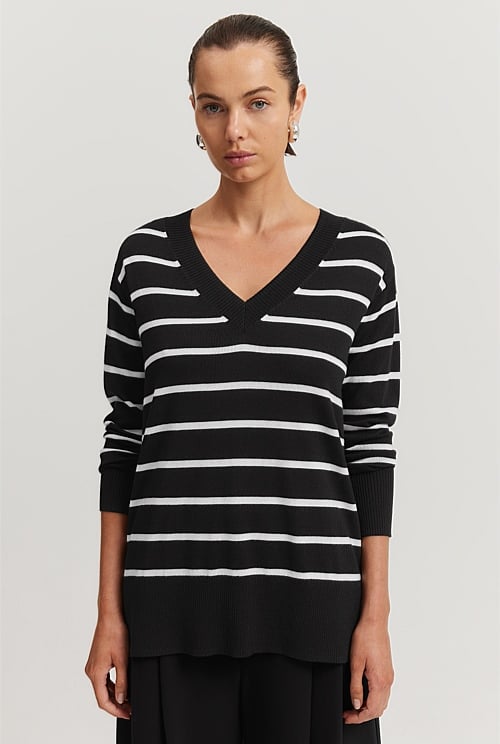 Verified Australian Merino Wool Stripe V-Neck Knit