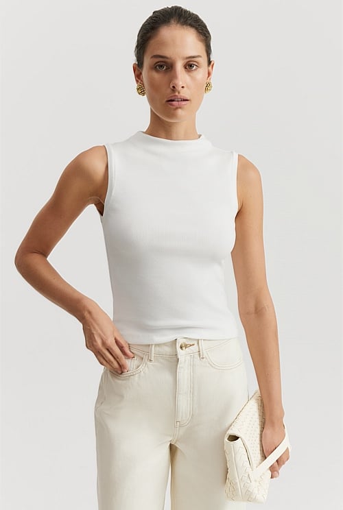 Australian Cotton Blend Mock Neck Rib Tank