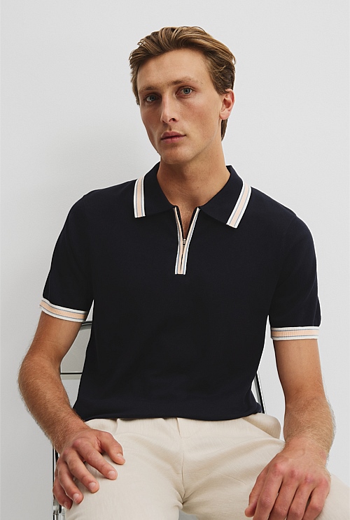 Cotton Silk Tipped Zip Knit Polo