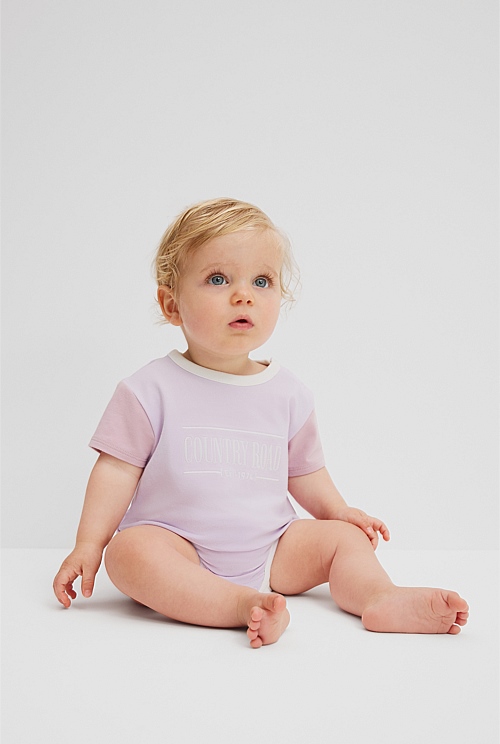 Organically Grown Cotton Spliced Logo Short Sleeve Bodysuit