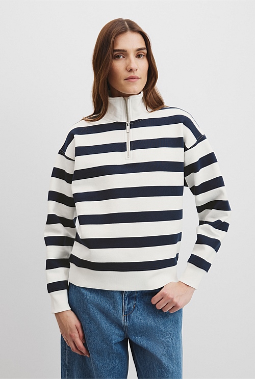 Cotton Stripe Logo Neck Zip Sweat
