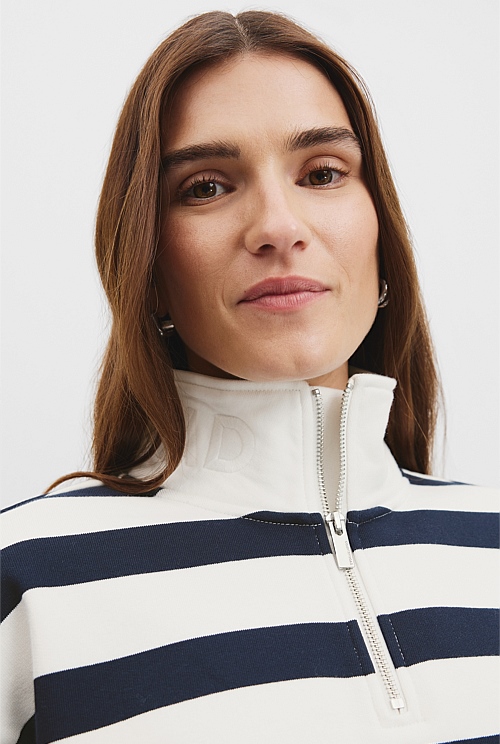 Cotton Stripe Logo Neck Zip Sweat