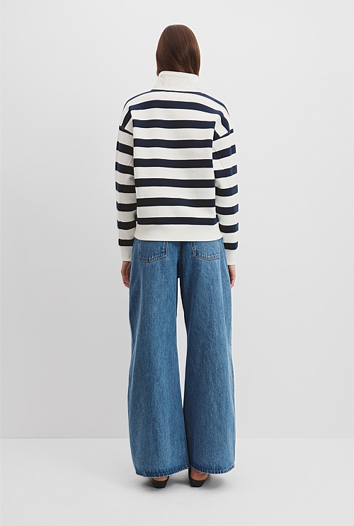 Cotton Stripe Logo Neck Zip Sweat