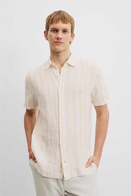 Regular Fit Stripe Organically Grown Linen Short Sleeve Shirt