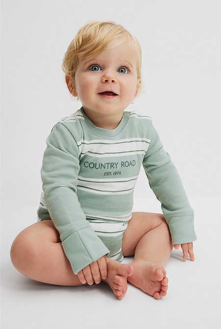 Organically Grown Cotton Spliced Logo Long Sleeve Bodysuit