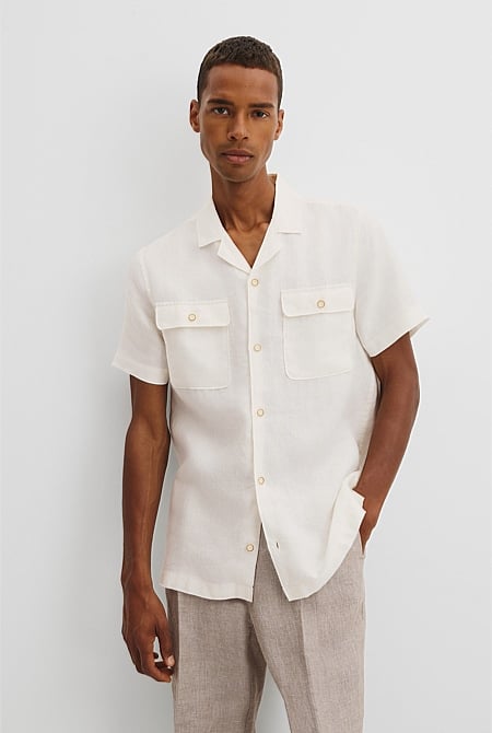 Double Pocket Textured Linen Short Sleeve Shirt