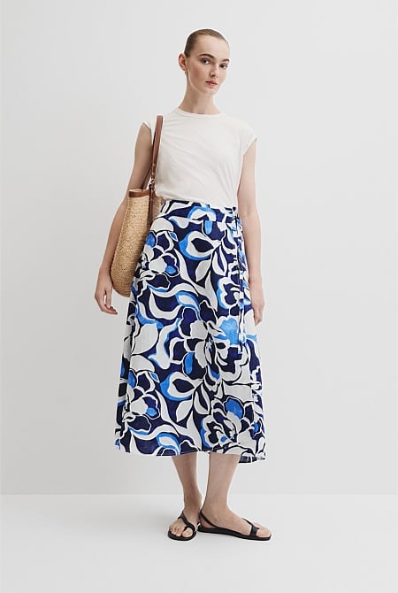 Organically Grown Linen Print Wrap Midi Skirt