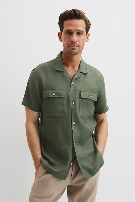 Double Pocket Textured Linen Short Sleeve Shirt