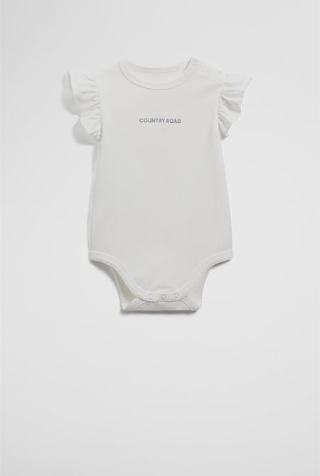 Organically Grown Cotton Blend Frill Short Sleeve Logo Bodysuit