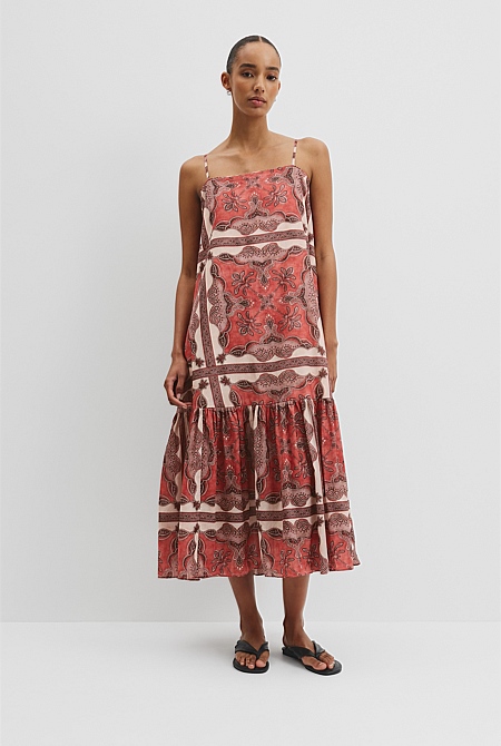 Australian Good Earth Cotton Print Tiered Slip Dress