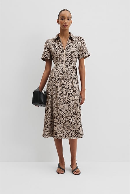 Organically Grown Linen Blend Print Drop Waist Shirt Dress