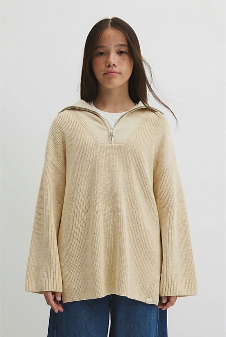 Teen Half Zip Rib Knit