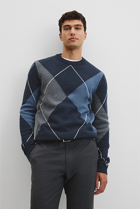 Merino Wool Argyle Crew Neck Knit
