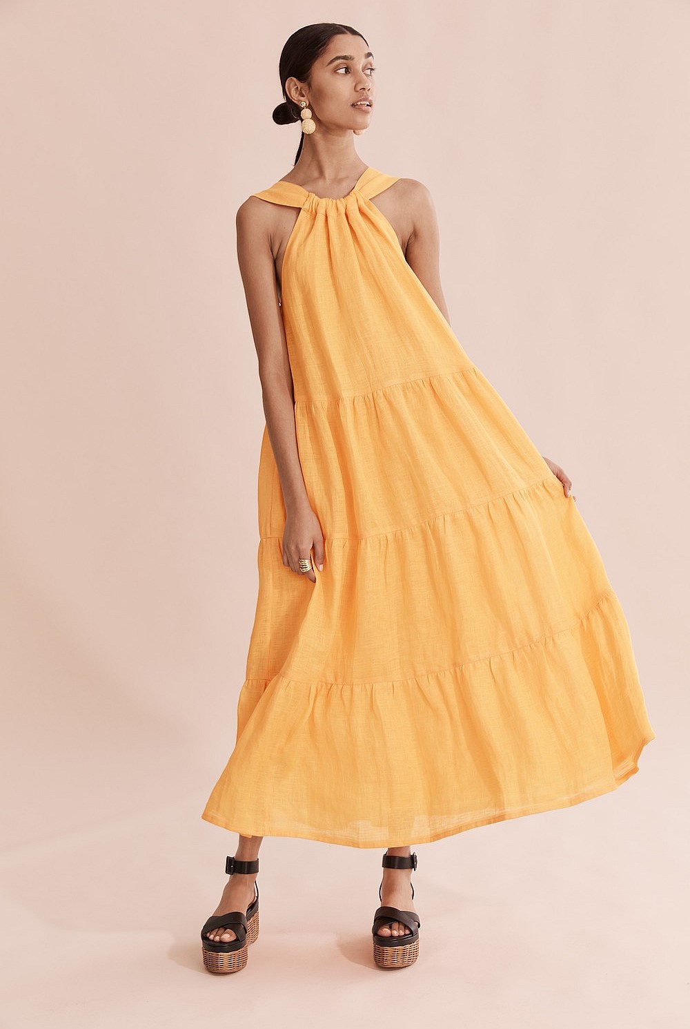 Linen Ruched Tiered Maxi