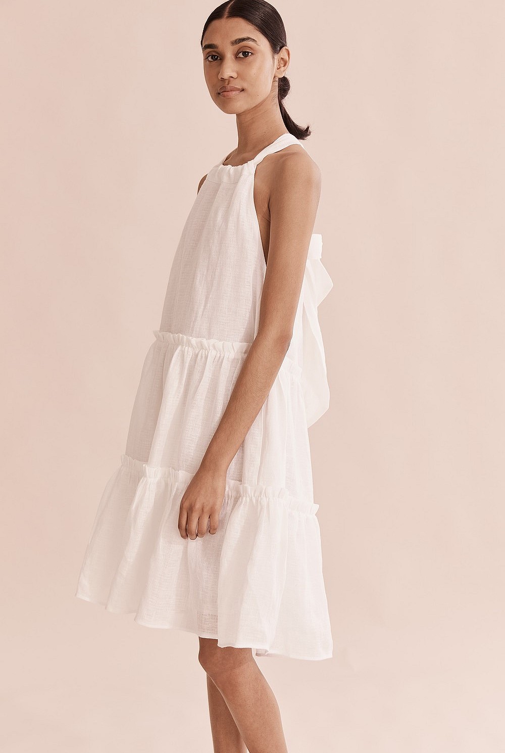 Linen Crinkle Tiered Mini Dress