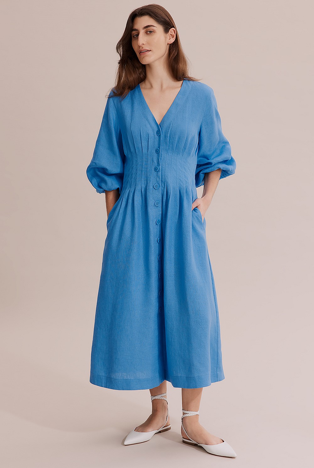 Linen Dart Front Midi Dress