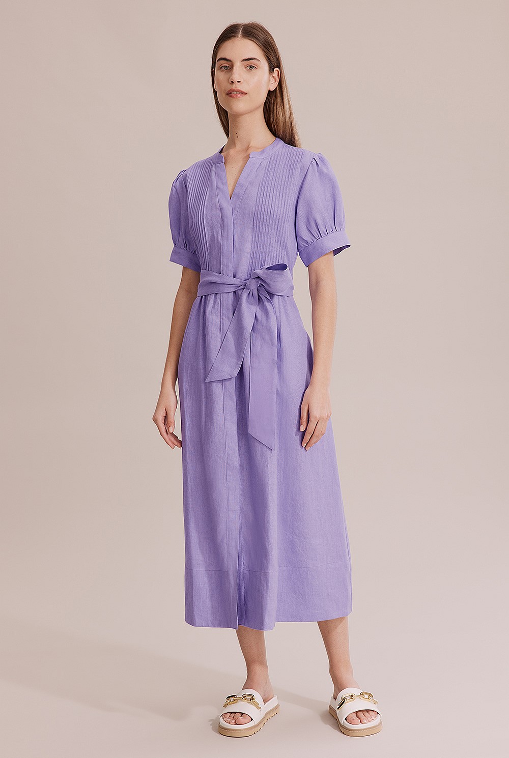 Linen Pin Tuck Midi Dress
