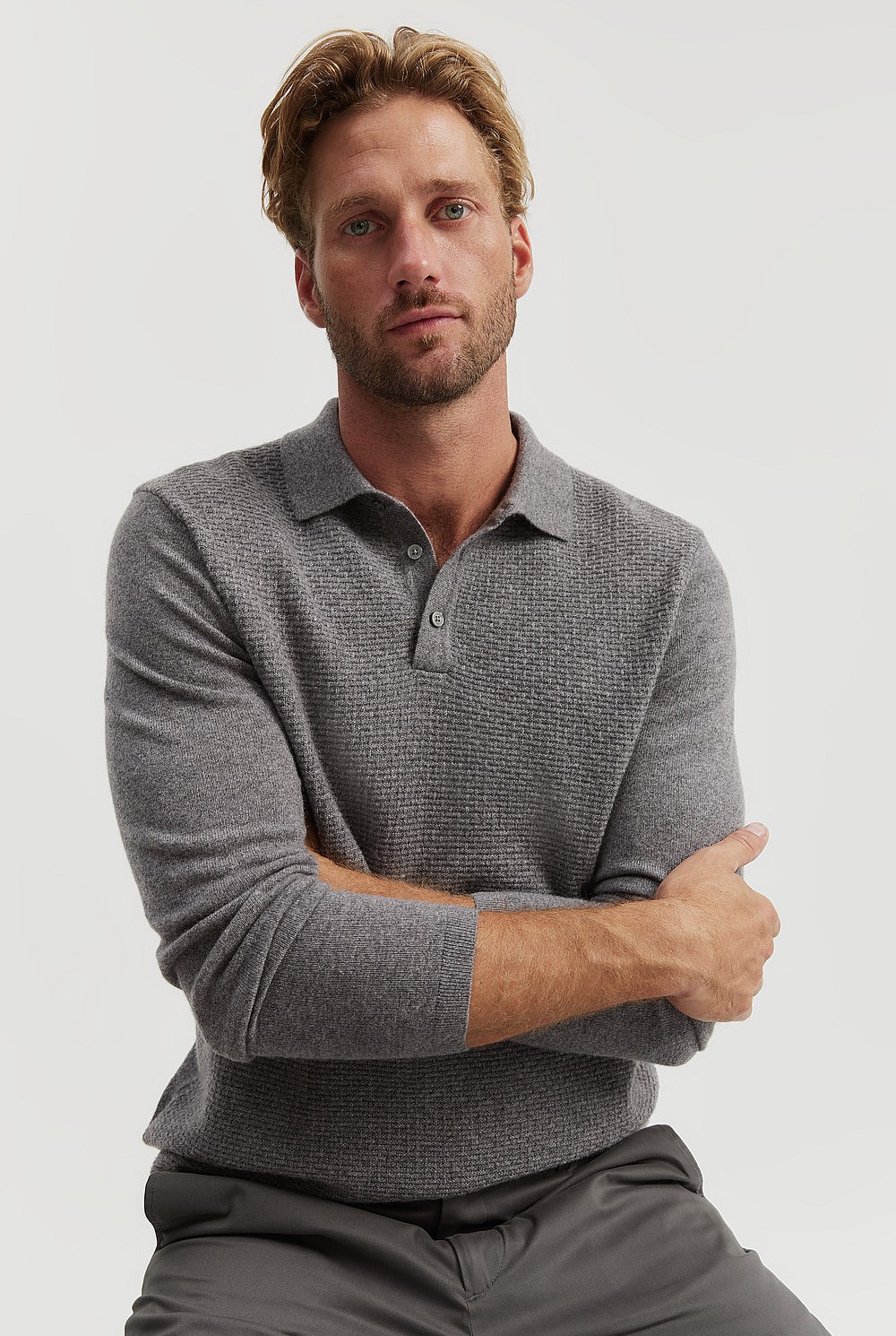 Cashmere Long Sleeve Textured Polo