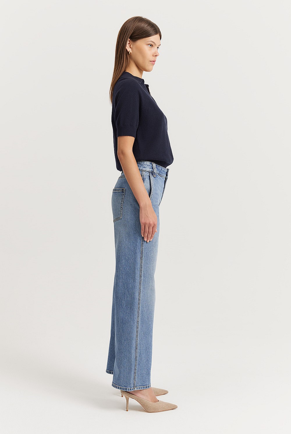 Cotton Blend High Rise Wide Leg Jean