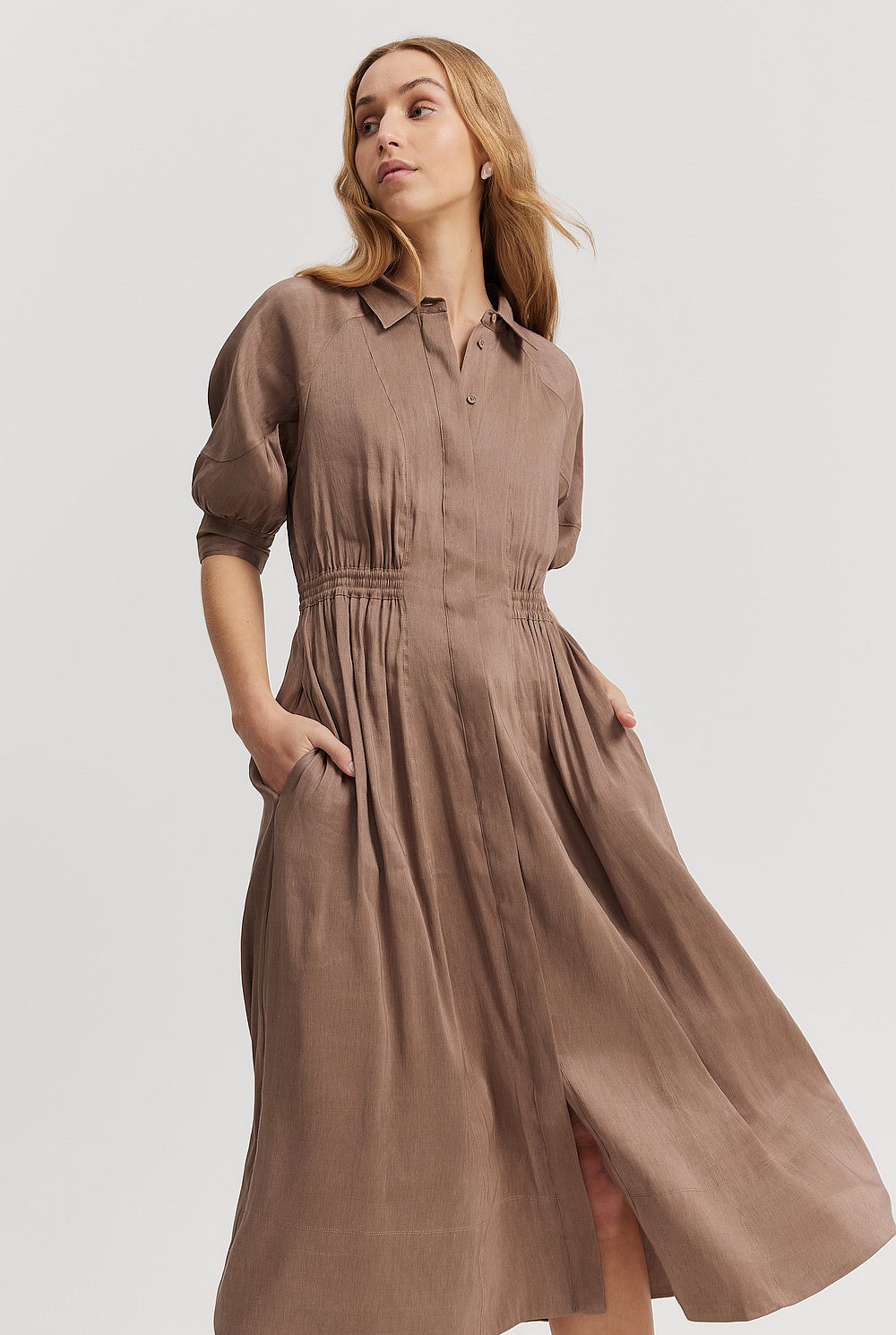 Organically Grown Linen Blend Fluid Cinched Shirt Dress