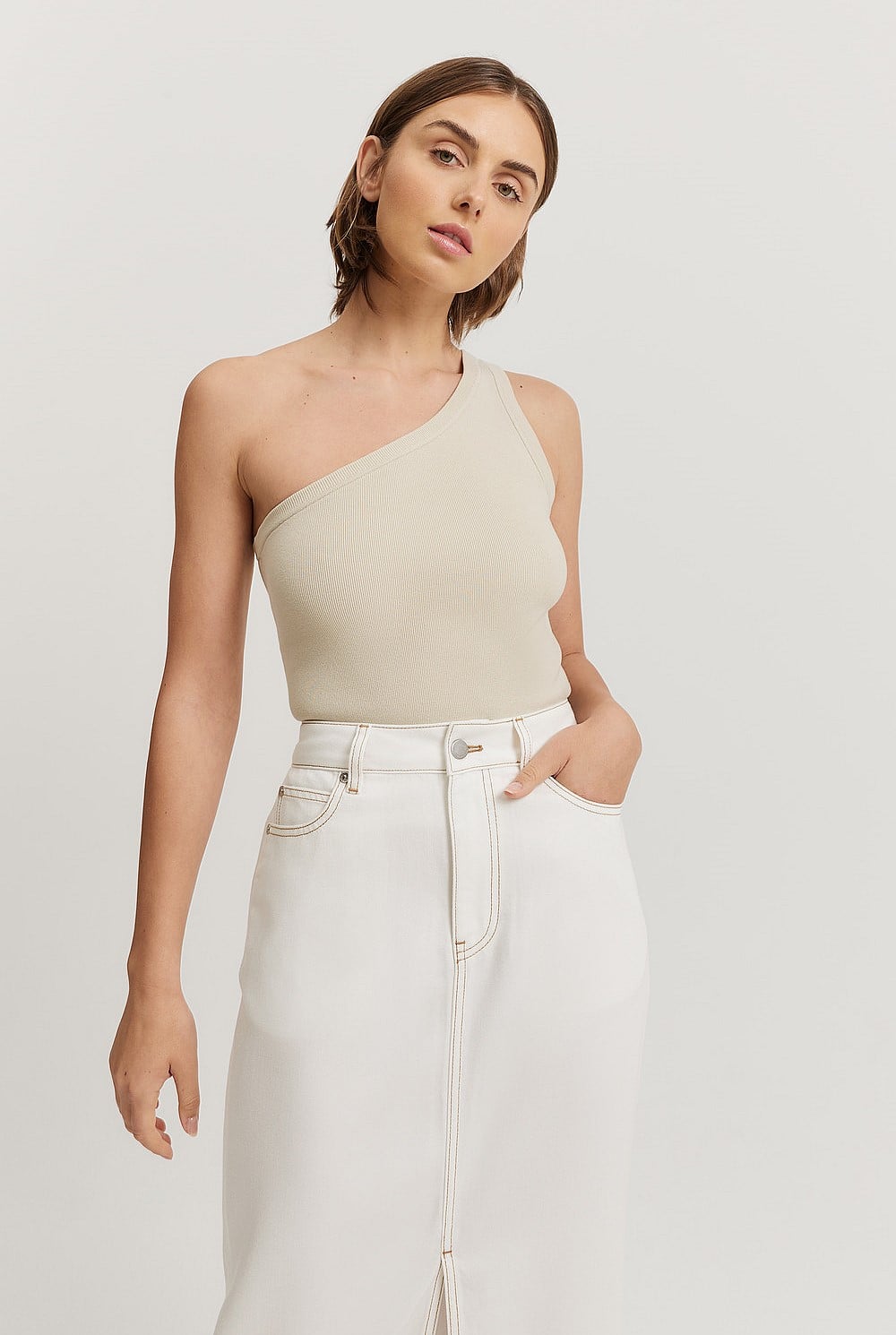 Cotton Blend One Shoulder Knit Tank