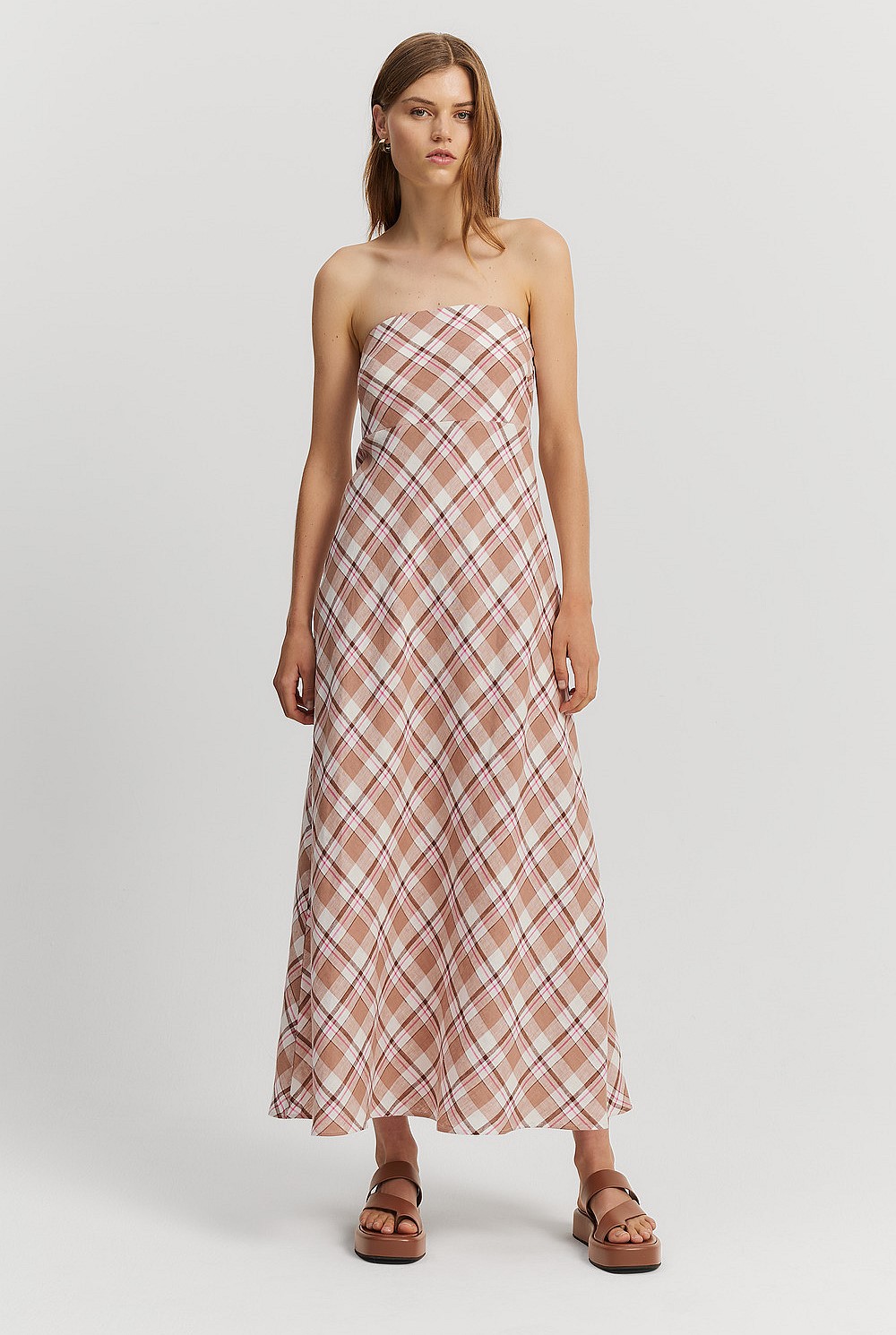 Organically Grown Linen Check Strapless Dress