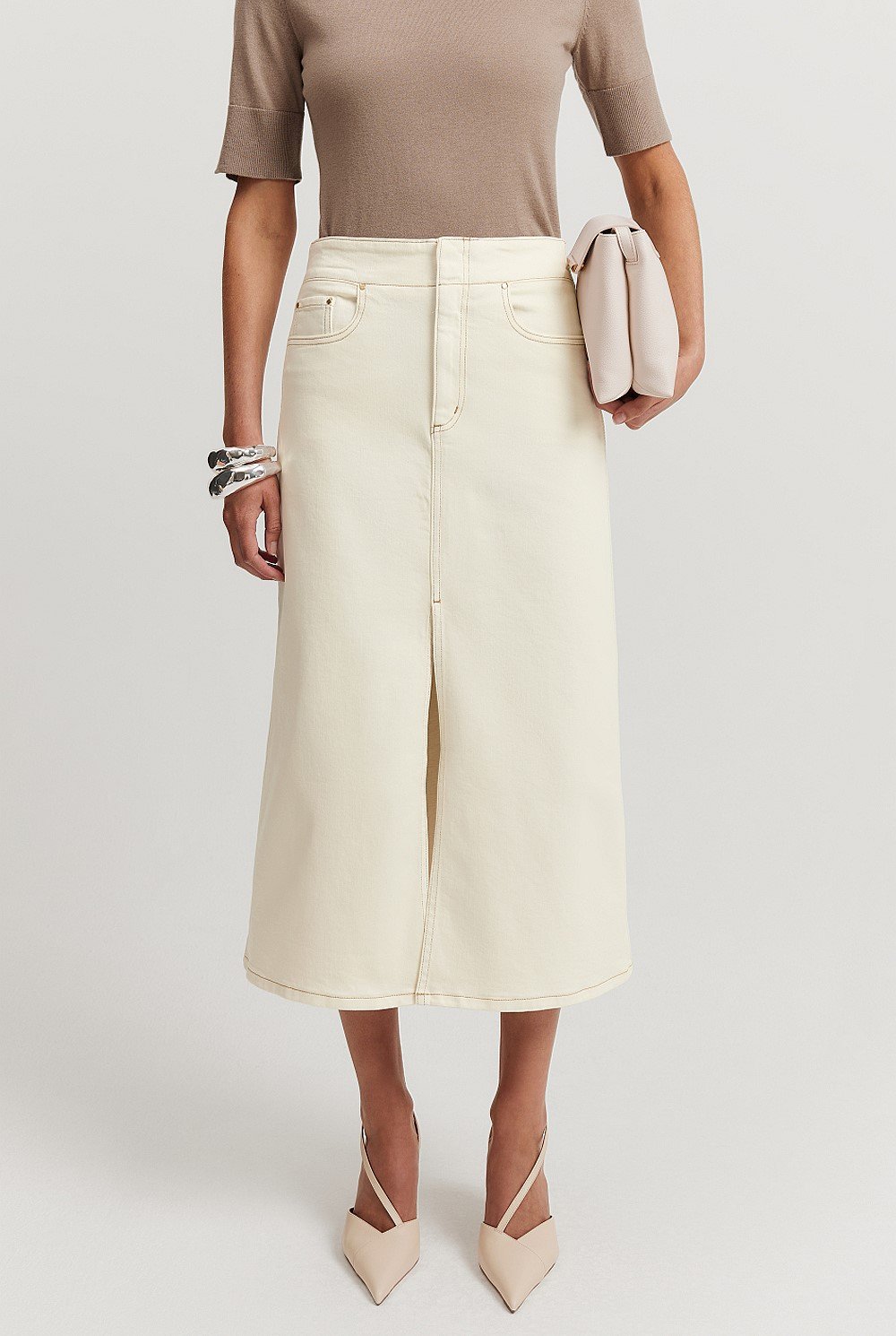 A-Line Denim Midi Skirt