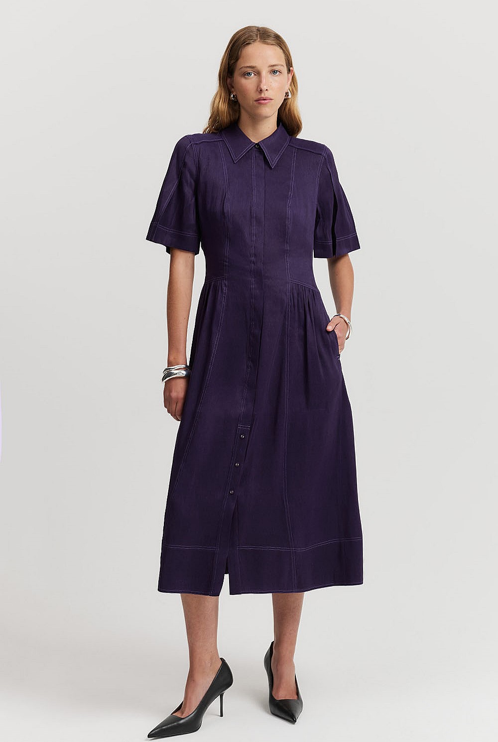 Organically Grown Linen Blend Cinched Shirt Dress