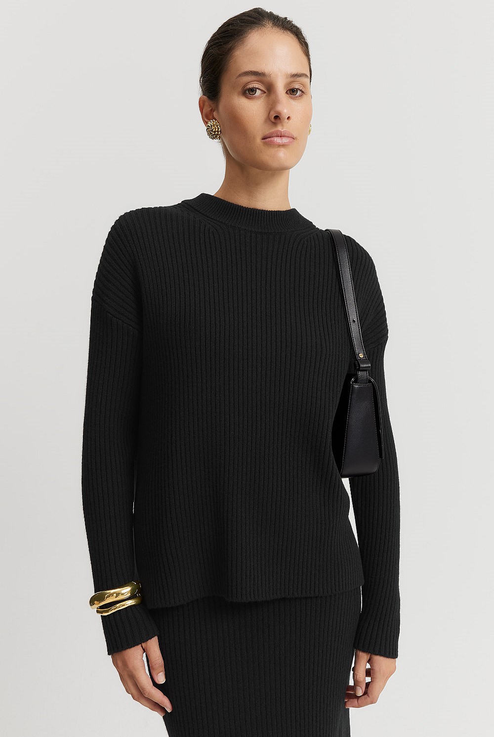Cotton Cashmere Blend Crew Neck Rib Knit