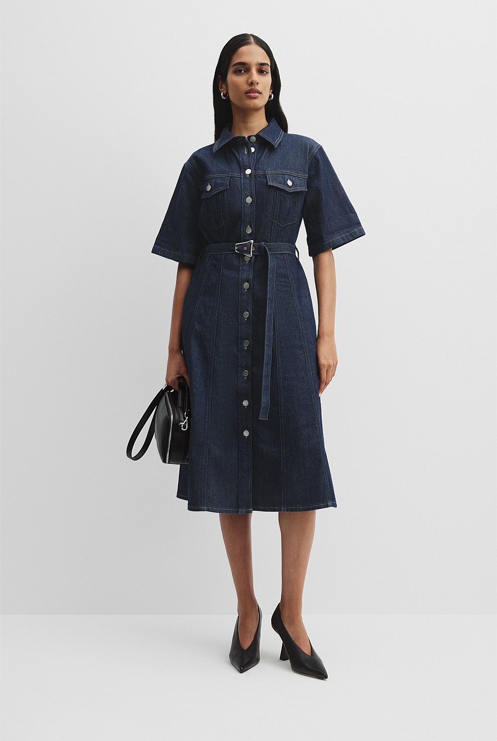 Short Sleeve Denim Midi Dress