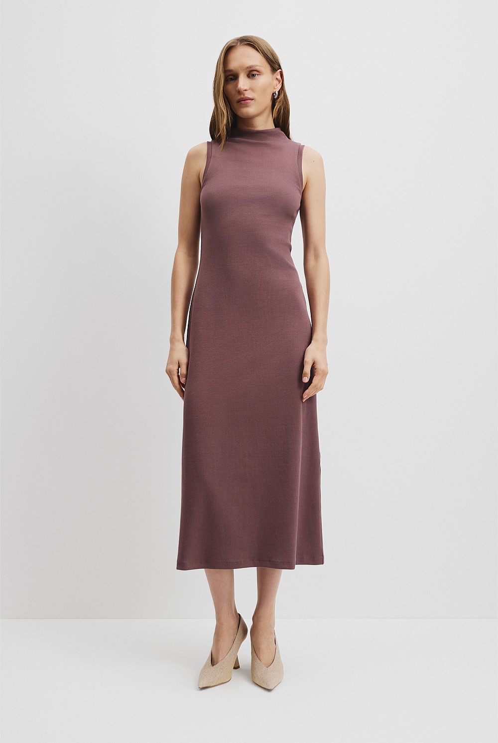 Australian Cotton Blend Mock Neck Rib Dress