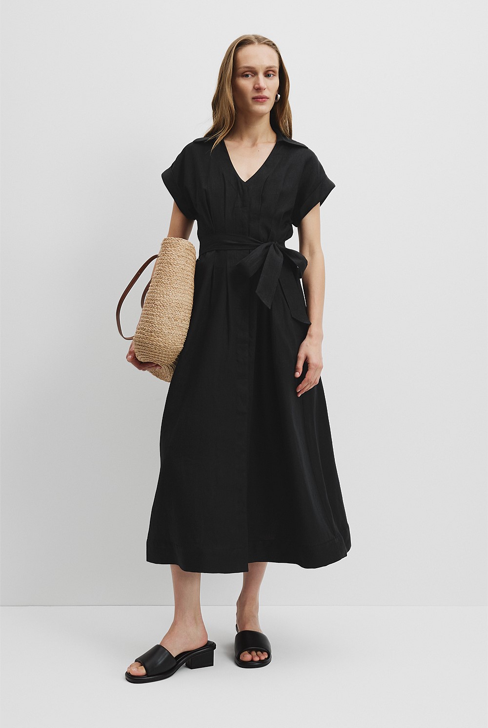 Organically Grown Linen Tuck Detail Midi Dress