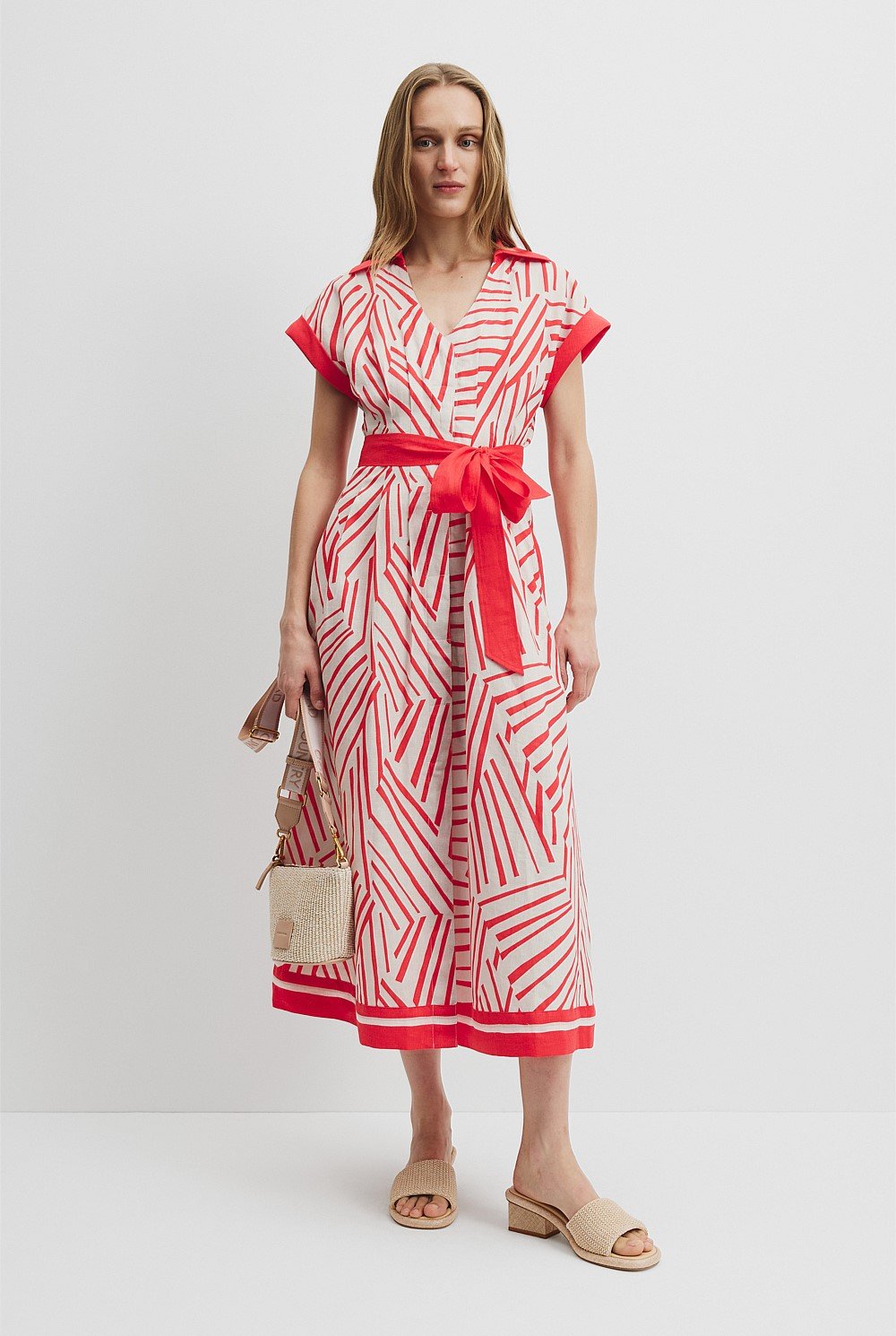 Organically Grown Linen Print Tuck Detail Midi Dress