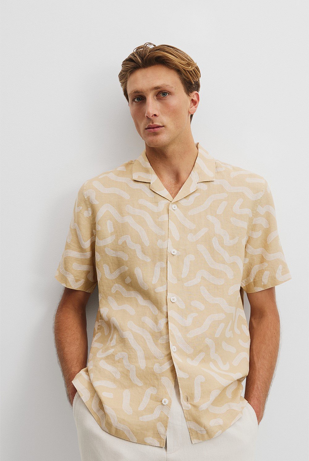 Organically Grown Linen Short Sleeve Linear Print Shirt