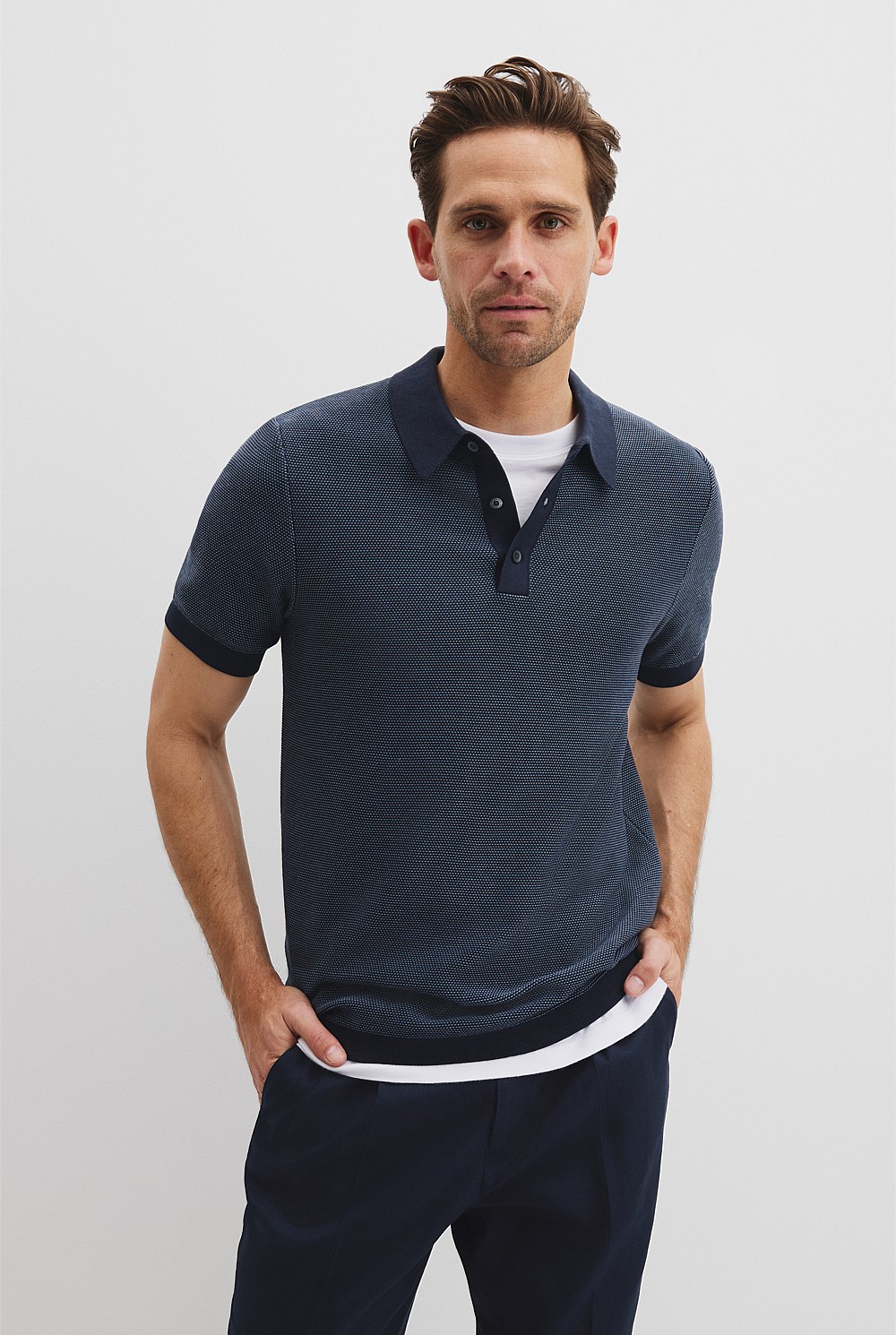 Australian Cotton Blend Silk Textured Knit Polo