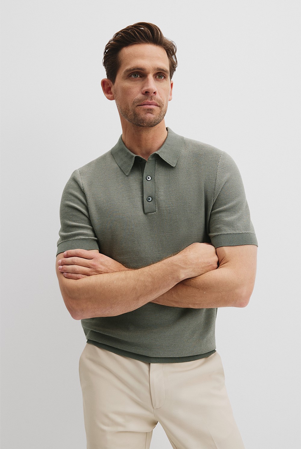 Australian Cotton Blend Silk Textured Knit Polo