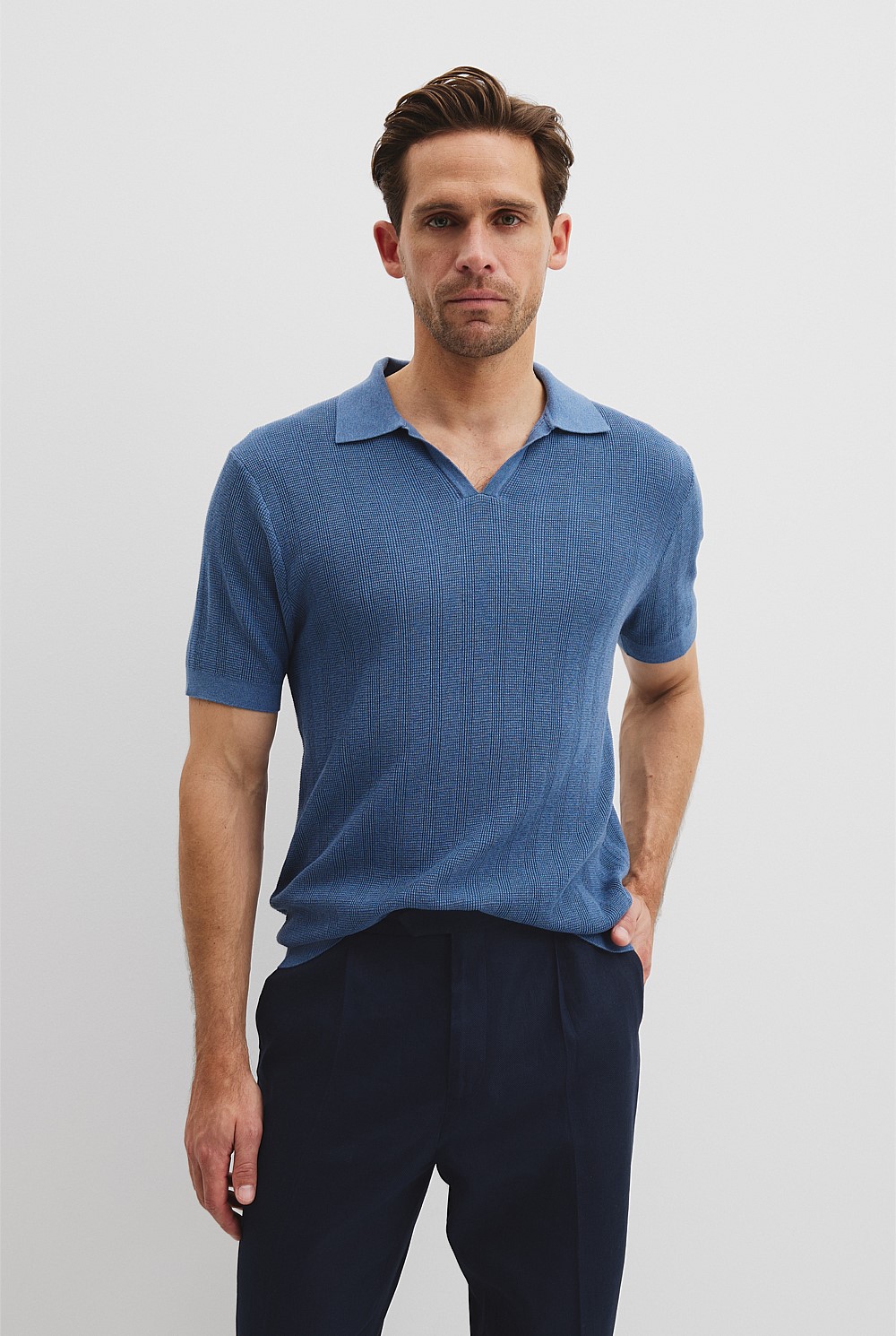 Cotton Silk Stripe Open Neck Polo