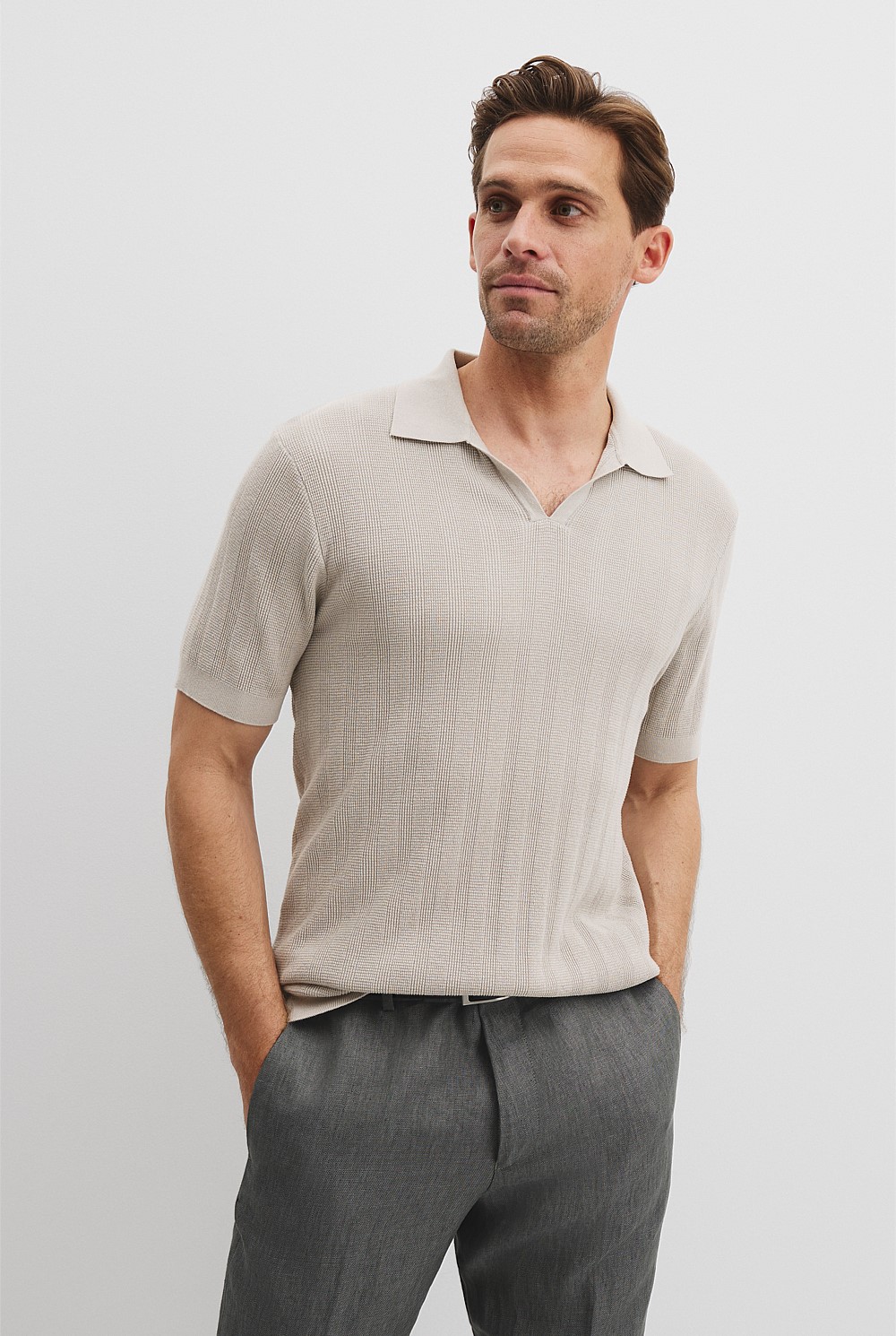 Cotton Silk Stripe Open Neck Polo