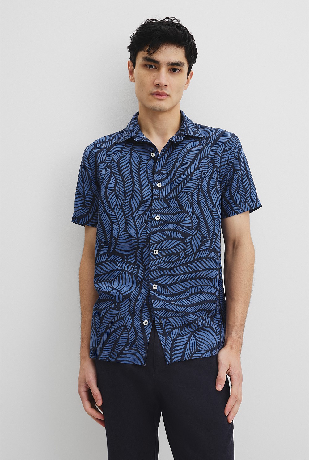 Short Sleeve Leaf Tencel Linen Shirt