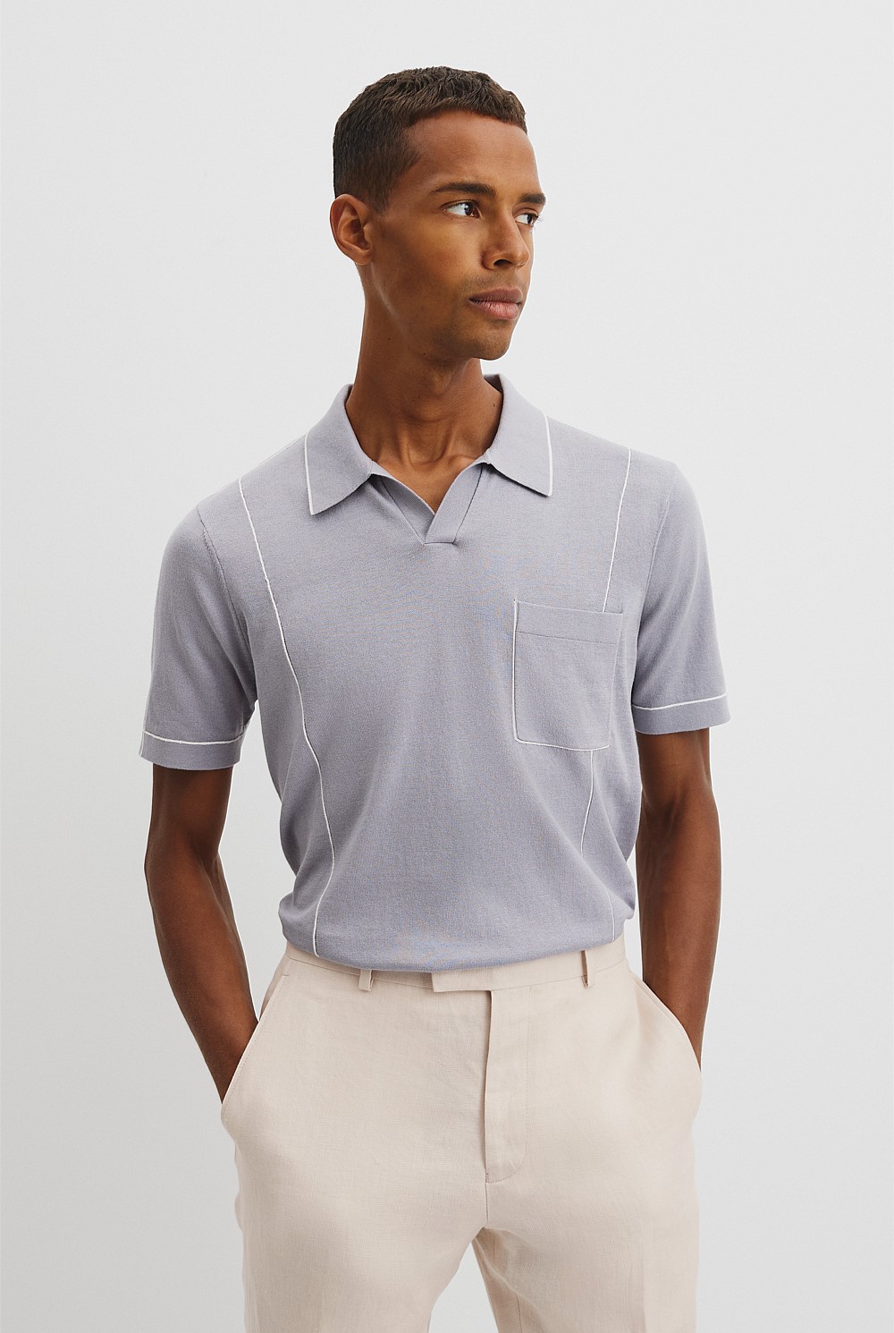 Cotton Silk Pip Detail Knit Polo