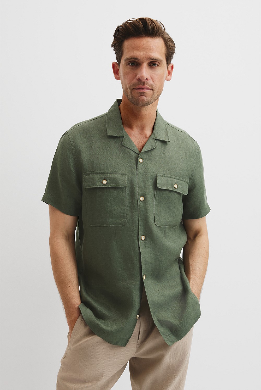Double Pocket Textured Linen Short Sleeve Shirt
