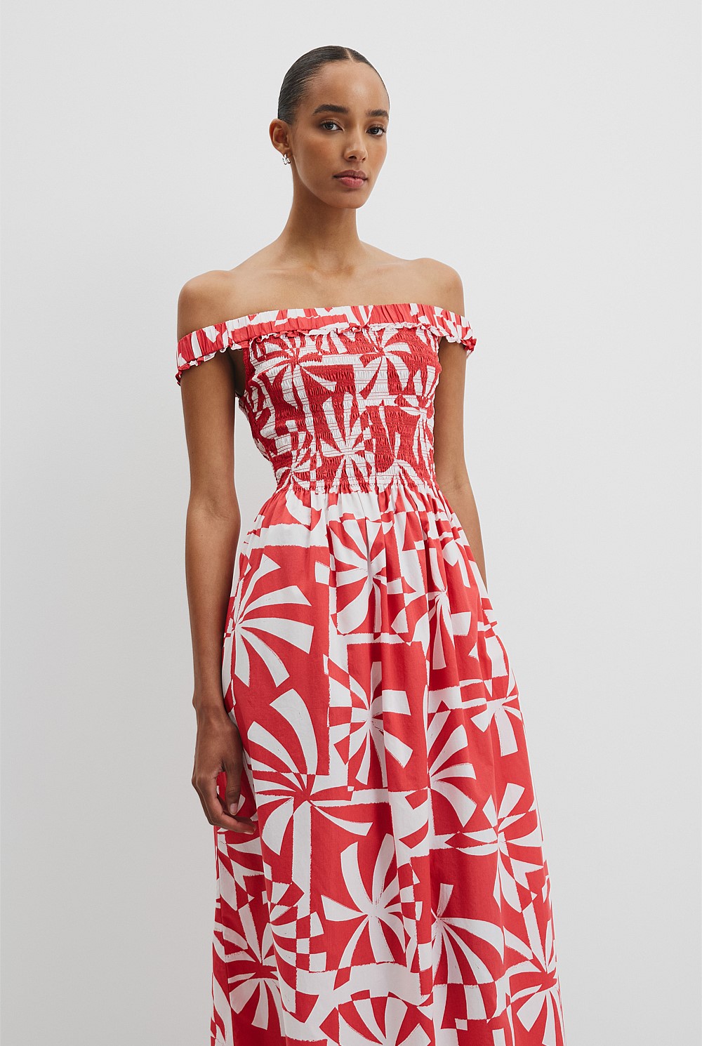 Print Shirred Midi Dress