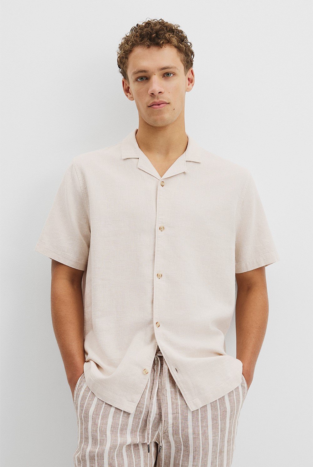 Short Sleeve Cotton Linen Basket Weave Shirt